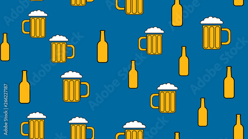 Texture seamless pattern from a set of rare good tasty refreshing alcoholic drinks of intoxicated light and dark malt foam beer in glasses, bottles on blue background. Vector illustration