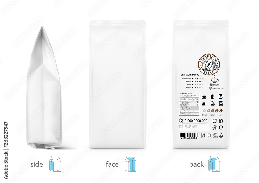 Coffee bag mockup. Front, side and rear view. Vector illustration. Can be  use for your design, presentation, promo, ad. EPS10. Stock Vector | Adobe  Stock