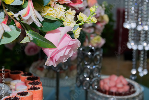 Close up of pink rose at wedding party