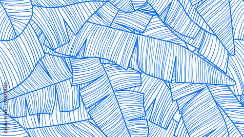 Foliage seamless pattern, banana leaves line art ink drawing in blue and white