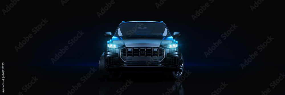 Sports car, studio setup, on a dark background. 3d rendering