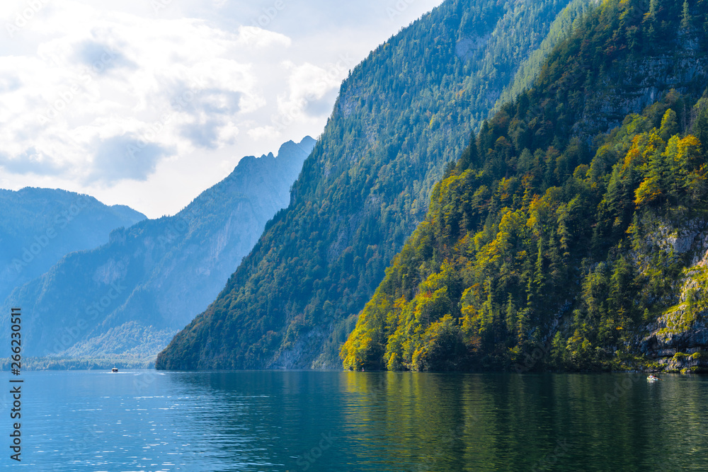 Koenigssee lake with Alp mountains, Konigsee, Berchtesgaden Nati Koenigssee lake with Alp mountains, Konigsee, Berchtesgaden Nati