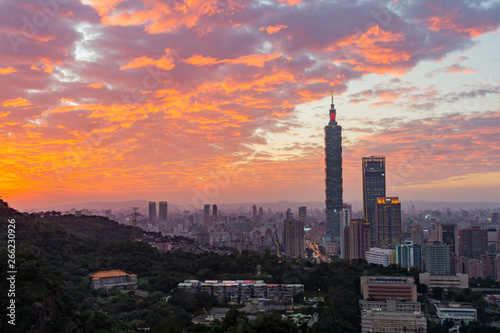 Sunset Aerial view of the Taipei 101 and cityscape from Xiangshan © Kit Leong