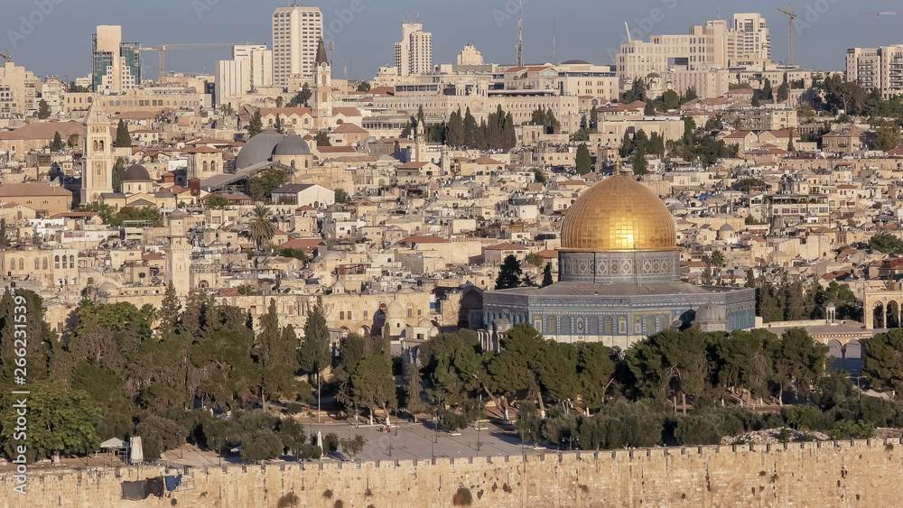 medium angle shof the dome of the rock from the mt of olives in jerusalem