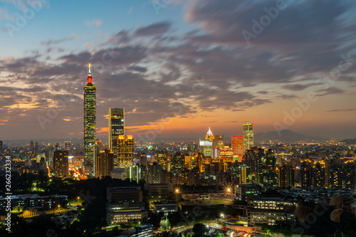 Night aerial view of the Taipei 101 and cityscape from Xiangshan