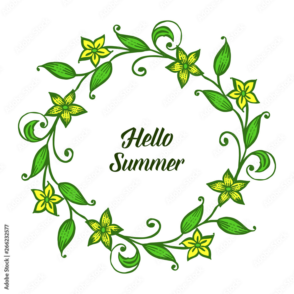 Vector illustration green leafy flower frame with lettering hello summer