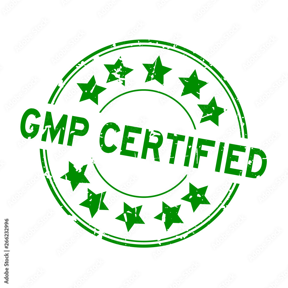 Grunge green gmp certified word with star icon round rubber seal stamp on white background