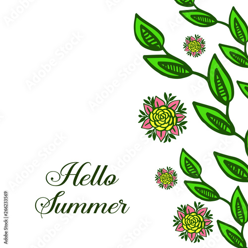 Vector illustration lettering hello summer for colorful bouqet frame