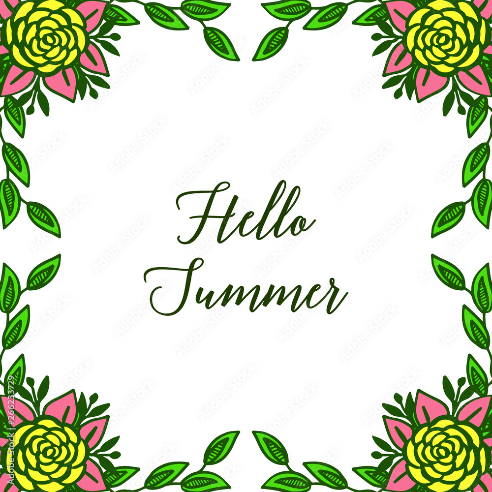 Vector illustration invitation card hello summer for rose colorful wreath frame