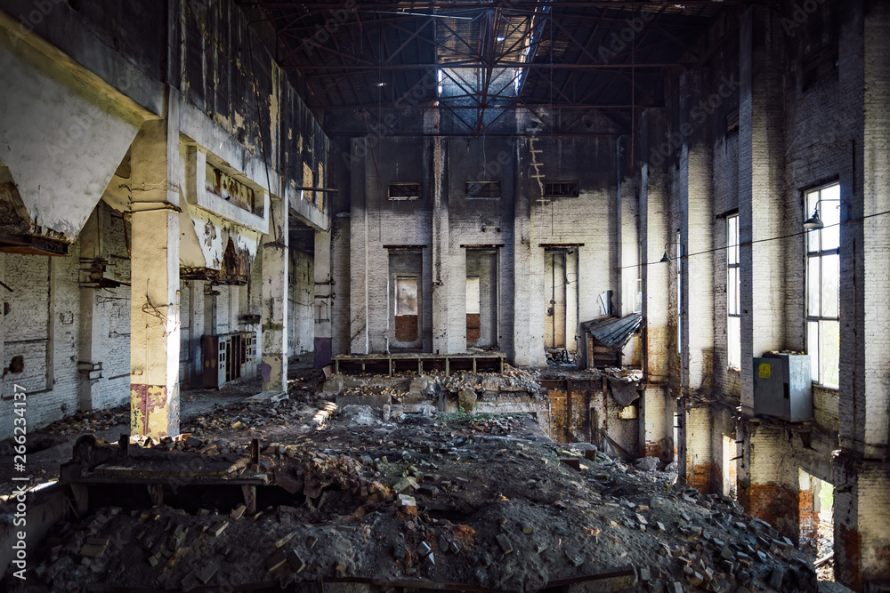 Inside burned ruined factory