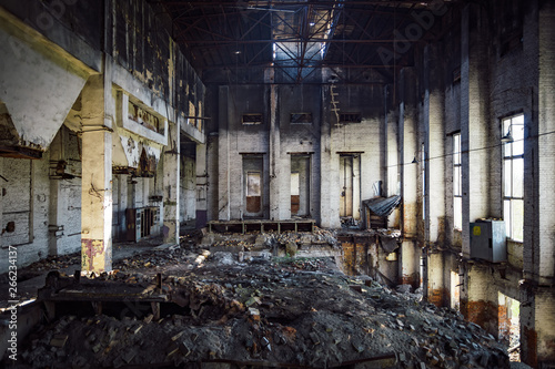 Inside burned ruined factory