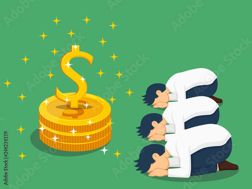 Illustration depicts people's worship of money. Dollar sign. Vector art image and clipart