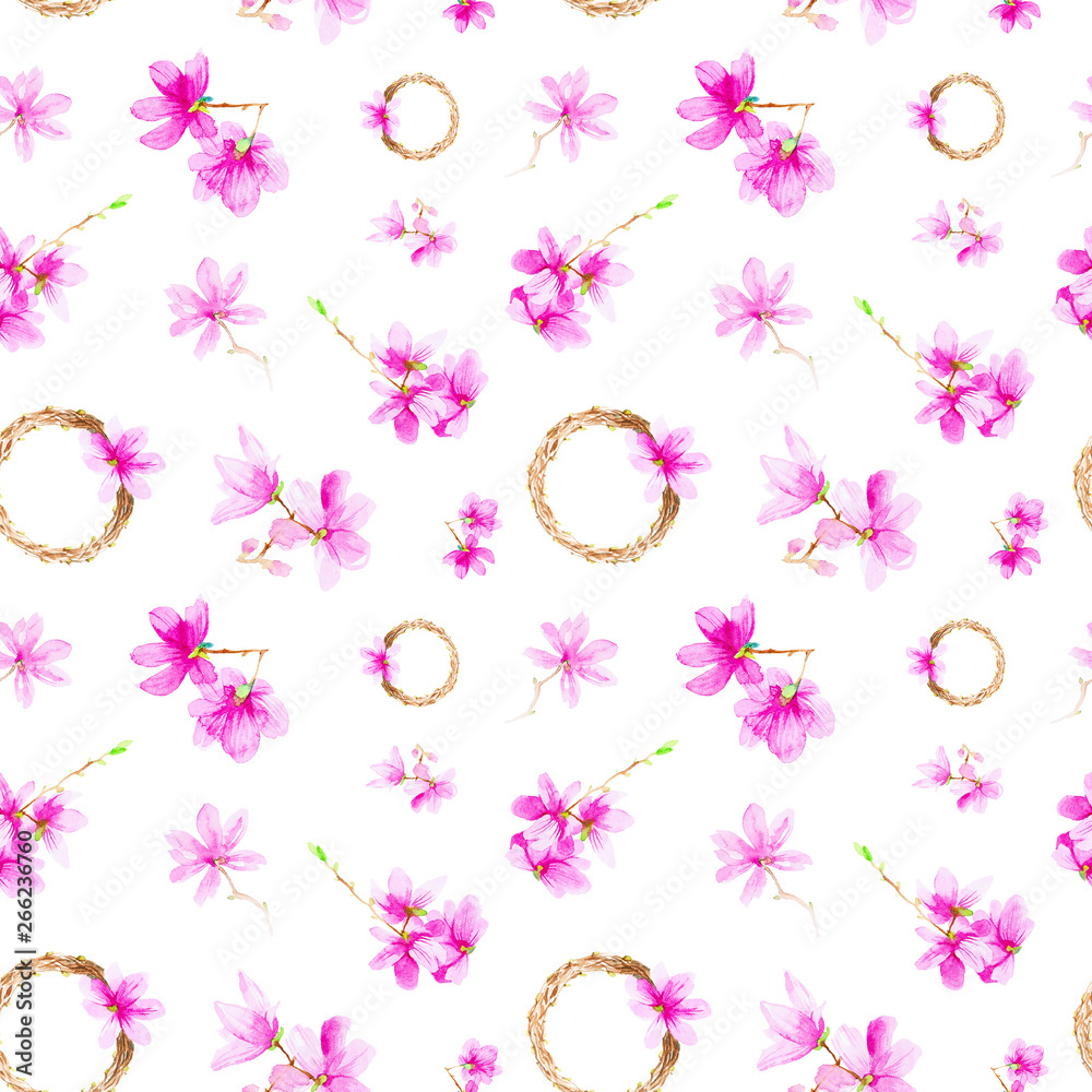 Set of plum flowers,twigs and wreath. Watercolor illustration isolated on white background.Seamless pattern