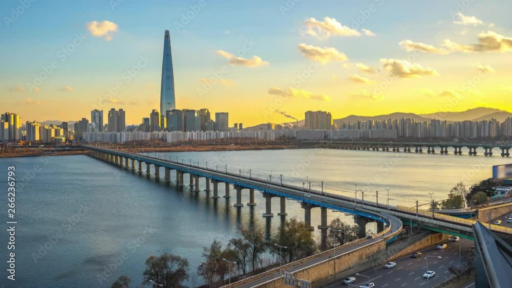 Seoul cityscape skyline with landmark buildings in Gangnam district time lapse in South, Korea Seoul cityscape skyline with landmark buildings in Gangnam district time lapse in South, Korea