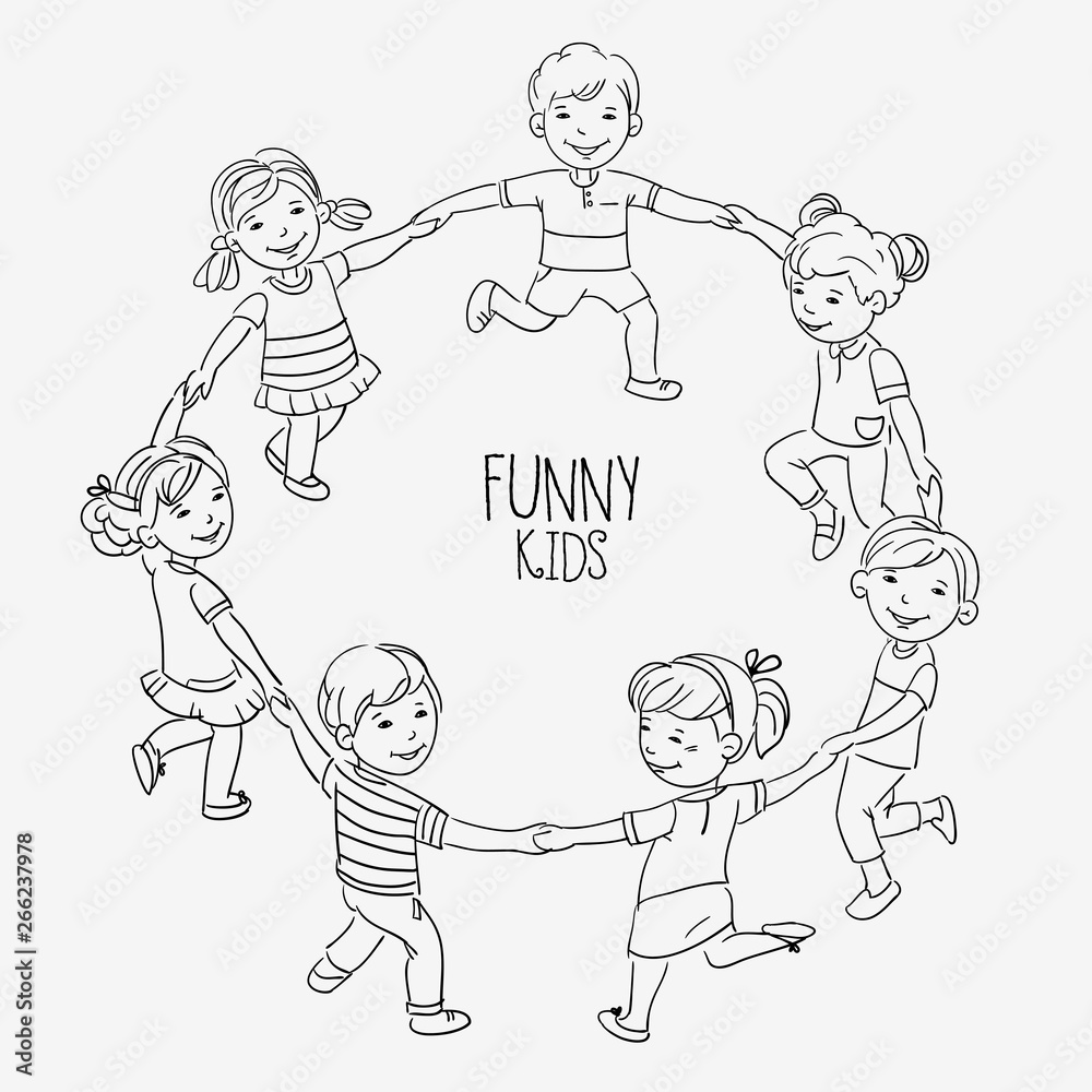 Happy kids holding hands and dancing in a circle. Cute boys and girls having fun. Cartoon outline style Happy kids holding hands and dancing in a circle. Cute boys and girls having fun. Cartoon outline style