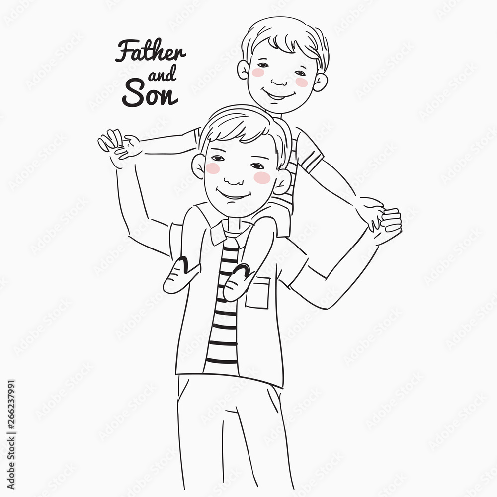 Father and son having fun and playing. Happy family vector concept. Cute boy sits on the shoulders of his father Father and son having fun and playing. Happy family vector concept. Cute boy sits on the shoulders of his father