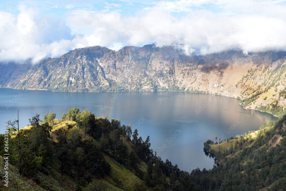 Panorama of Segara Anak on Mount Rinjani Crater Lake, Lombok, Indonesia