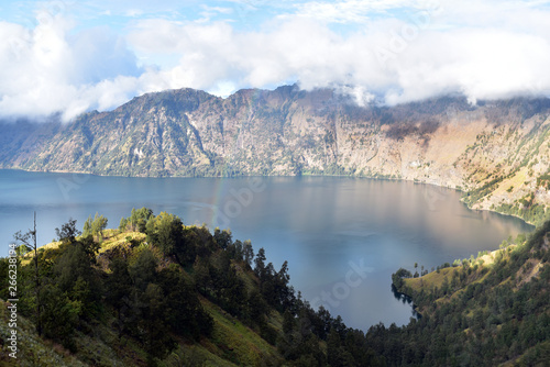 Panorama of Segara Anak on Mount Rinjani Crater Lake  Lombok  Indonesia