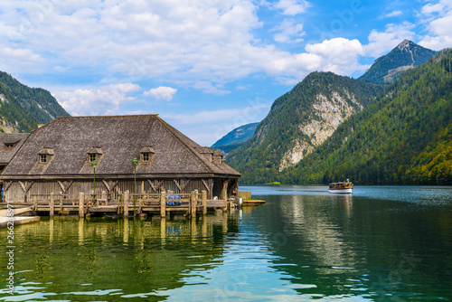 Wooden old houses on the lake Koenigssee, Konigsee, Berchtesgaden National Park, Bavaria, Germany