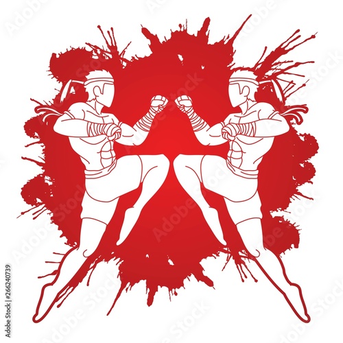 Muay Thai action , Thai boxing jumping to attack Cartoon graphic vector 