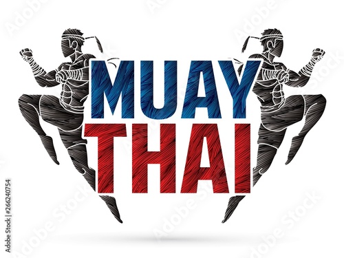Muay Thai action , Thai boxing jumping to attack with text cartoon graphic vector 