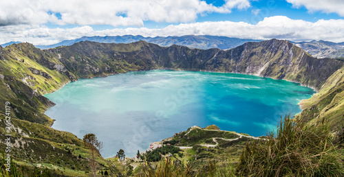Beautiful panoramic scenery at Quilotoa lake in Quilotoa, Ecuador photo