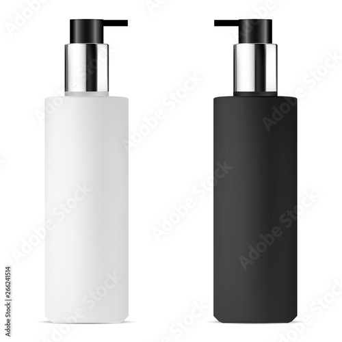 Pump Dispenser Buttle. Isolated Beauty Care Container for Cosmetic Cream, Liquid. Black and White Plastic Packaging for Slkin Moisturizer, Lotion, Shampoo. 3d Package Template Mockup. Realistic Can.