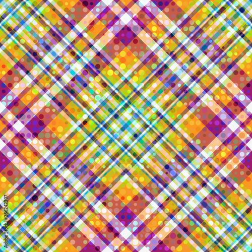 Seamless rainbow striped diagonal pattern with colorful dots