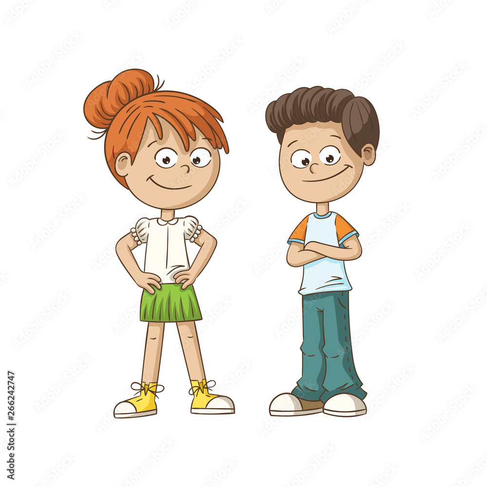 Two smiling cartoon kids. Hand drawn vector illustration. Each on a separate layer. Two smiling cartoon kids. Hand drawn vector illustration. Each on a separate layer.