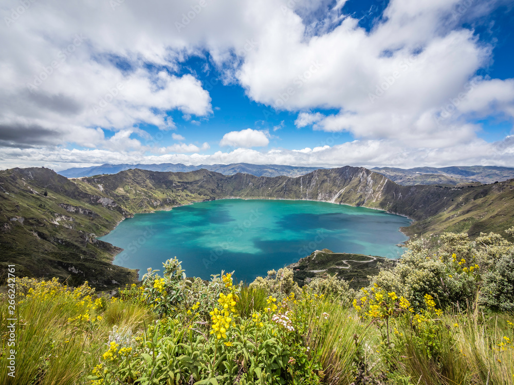 Beautiful panoramic scenery overlooking at Quilotoa lake at the crater rim in Quilotoa, Ecuador