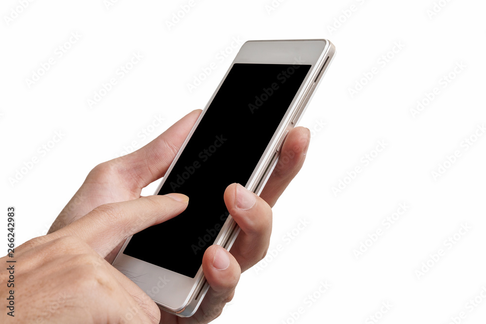 Close up of hand holding blank advertising smartphone advertisement for adjust your message isolate on white background, with clipping path. Close up of hand holding blank advertising smartphone advertisement for adjust your message isolate on white background, with clipping path.