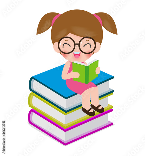 Happy cartoon cute girl while Reading Books, i love book, cute kids reading a book isolated on white background Vector Illustration