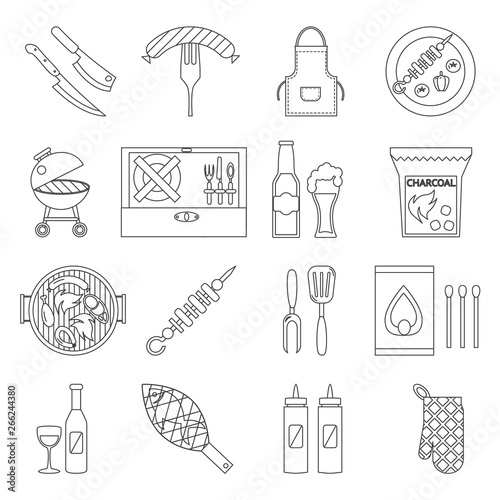 Lineart barbecue grill cooking meat steak picnic nature party isometric design outline decorative shape icons set vector illustration