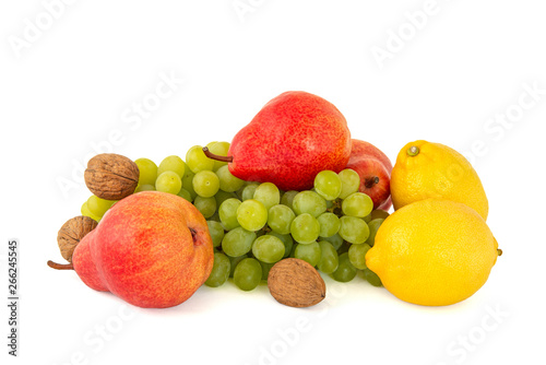 Fototapeta Naklejka Na Ścianę i Meble -  Bunch of ripe green grapes with ripe red pears Duchesse and walnuts in a wrinkled shell