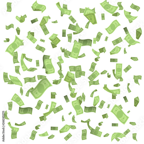 Isolated on white money rain fall earnings luck fortune banknote flying floating confetti 3d realistic design vector illustration