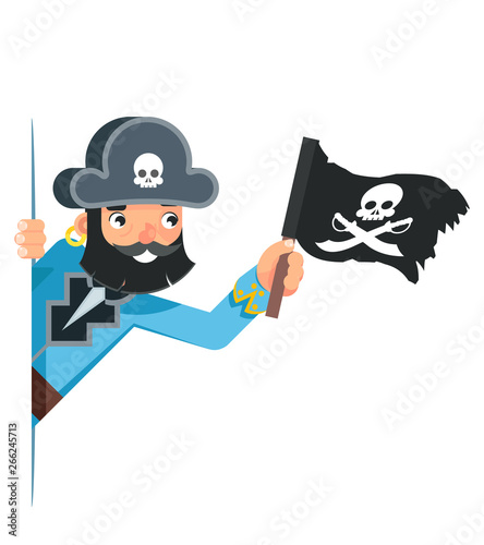 Skull flag sea dog pirate buccaneer filibuster corsair look out corner concept cartoon character flat design vector illustration