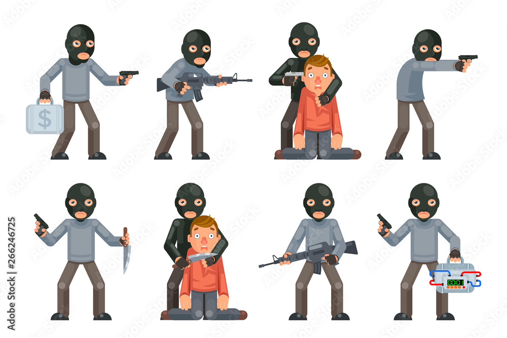 Terror danger risk soldier hostage threat villain terrorist weapon attack  criminal character cartoon flat design isolated set vector illustration  Stock Vector | Adobe Stock
