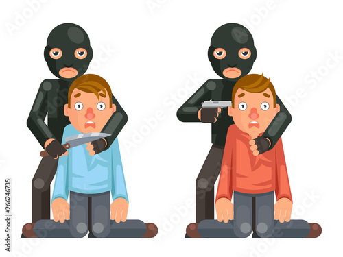 Terrorist hostage criminal thief gun knife character crime threat buyout request flat design vector illustration