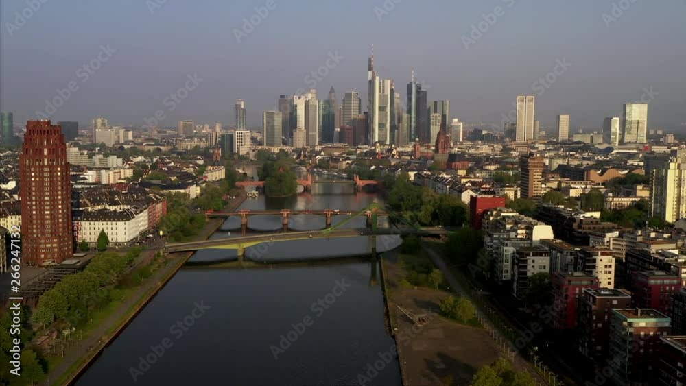 Frankfurt, Germany in an aerial shot. The skyline can be seen in the back and the river Main and its bridges in the front. Frankfurt, Germany in an aerial shot. The skyline can be seen in the back and the river Main and its bridges in the front.