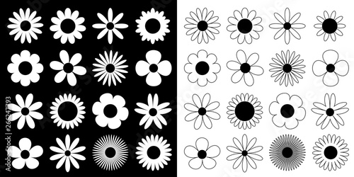 Daisy chamomile silhouette icon. Camomile super big set. Cute round flower head plant collection. Love card symbol. Growing concept. Flat design. Black White background. Isolated.