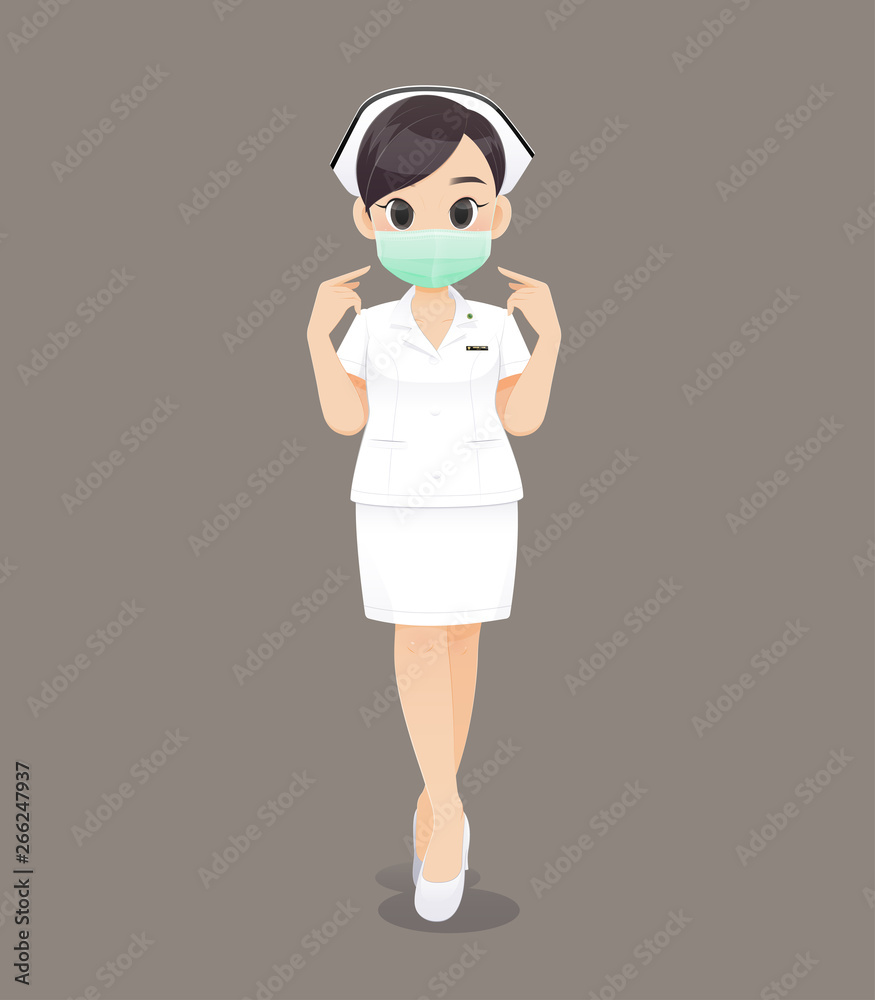 Nursing wears a protective mask, Cartoon woman doctor or nurse in white uniform on brown background, Vector illustration in character design Nursing wears a protective mask, Cartoon woman doctor or nurse in white uniform on brown background, Vector illustration in character design