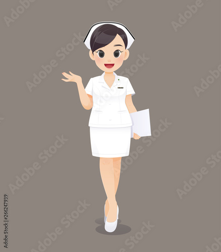 Cartoon woman doctor or nurse in white uniform on brown background, Smiling female nursing staff, Vector illustration in character design
