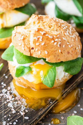 Veggie burger with poached egg and sorrel in a curd bun on rice flour photo