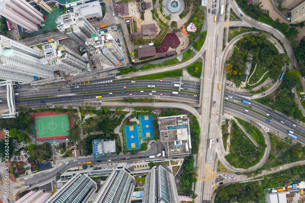 Top down view of Hong Kong downtown city