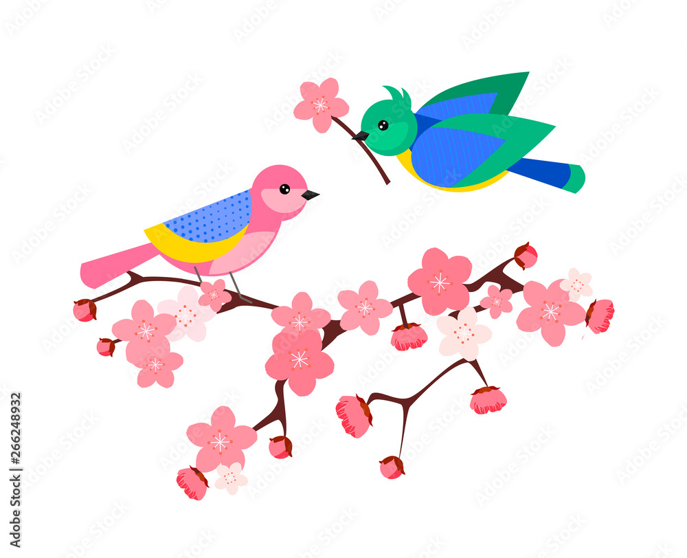 Two birds in love on blooming tree branch. One one bird brought a flower to her sweetheart, vector illustration