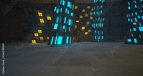 Abstract Concrete Futuristic Sci-Fi interior With Colored Glowing Neon Tubes . 3D illustration and rendering.