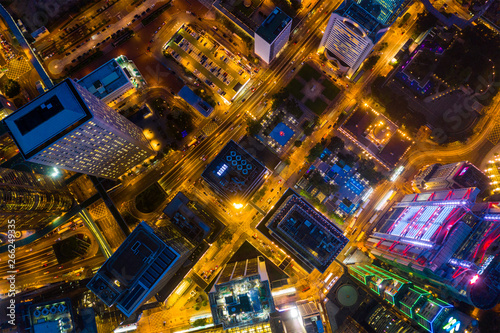 Drone fly over Hong Kong cityscape at night