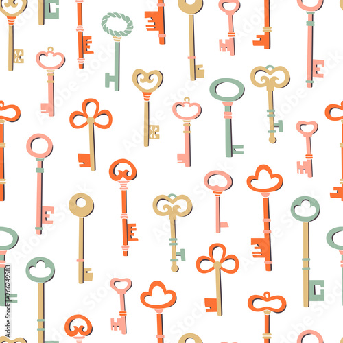 Vector Seamless Colorful Pattern with Retro Style Key on White Background.