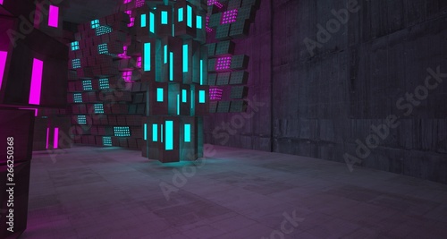 Abstract Concrete Futuristic Sci-Fi interior With Colored Glowing Neon Tubes . 3D illustration and rendering.