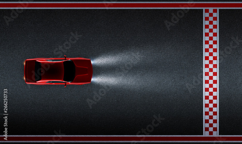 Top aerial angle view of a generic red brandless American muscle car on a asphalt race track with start and finish line . Transportation concept . 3d illustration and 3d render.